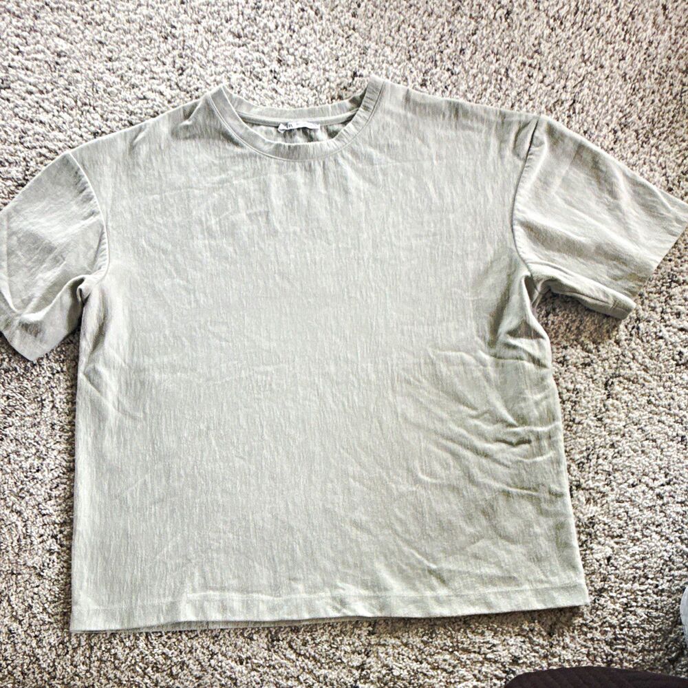 ZARA Women’s L Large Gray/Green Cotton Poly Crew Neck Short Sleeve Tee